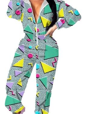 Retro Geometric Print Jumpsuit - Multicolor
